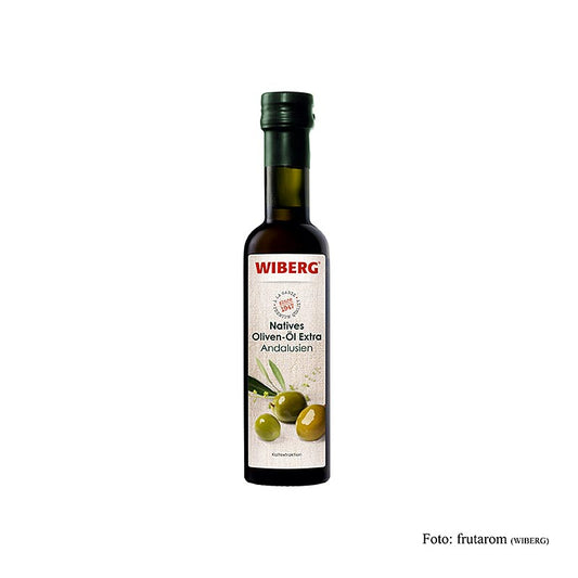 Bouteille d'huile d'olive vierge extra Wiberg, extraction à froid, Andalousie, 250 ml, au goût doux d'olive et à l'arôme fruité verdâtre, idéale pour la cuisine méditerranéenne et les plats de pâtes et de pizzas.