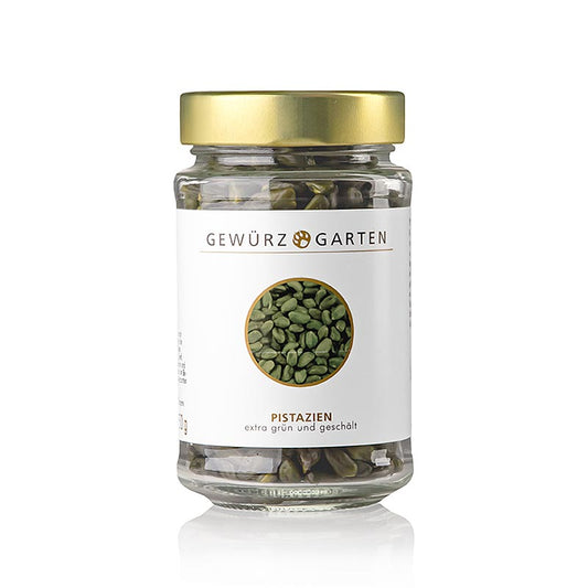 Pistaches décortiquées de qualité supérieure, vert foncé, apparentées aux noix de cajou, aromatiques et sucrées Utilisation en pâtisserie, confiserie, chocolats, farces à la viande et charcuterie