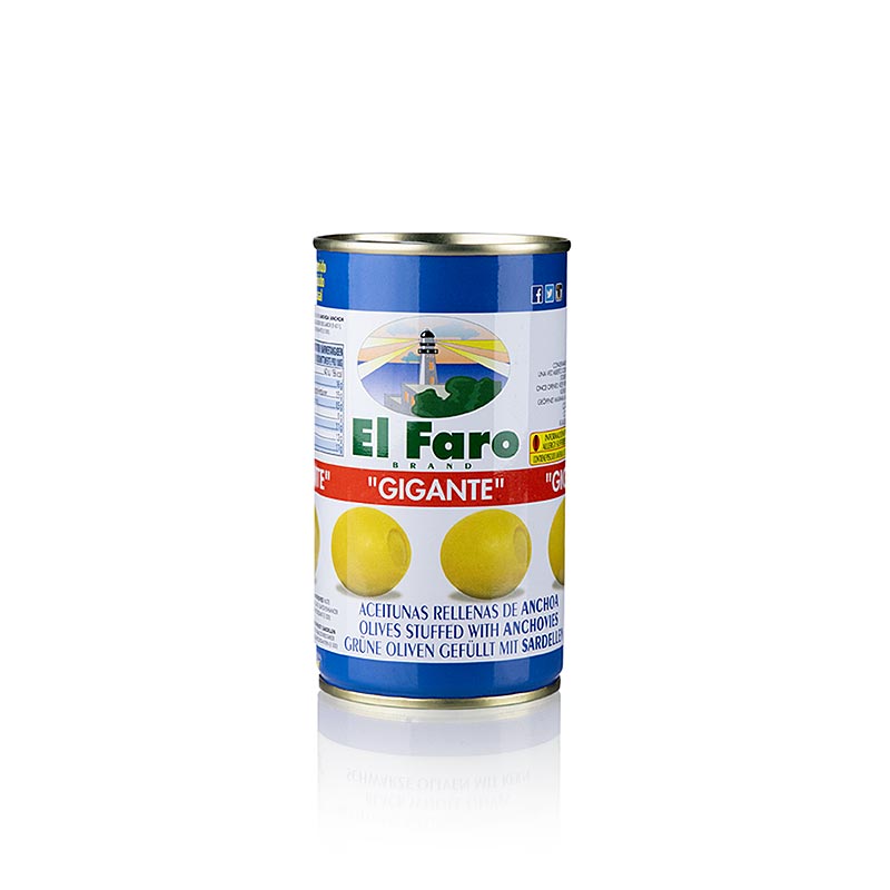 Olives vertes dénoyautées et anchois GIGANTE de El Faro, 350 g - croquantes et épicées, idéales pour l'apéritif ou les snacks de bar, traitées à la soude caustique pour une meilleure consistance et une teneur réduite en amertume, affinées au goût d'anchois
