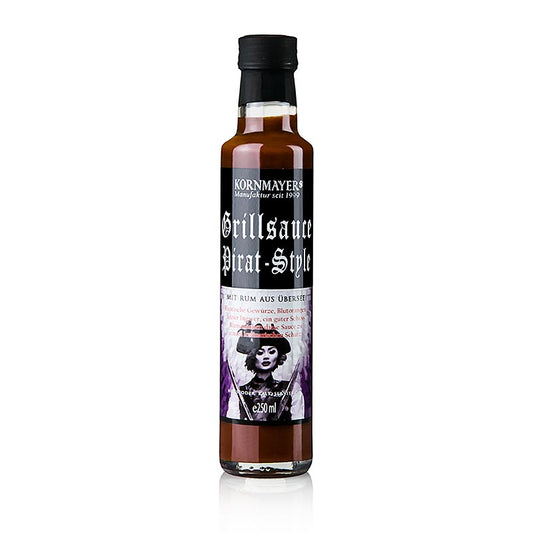 Bouteille de Kornmayer - Pirat - Style sauce barbecue, au rhum, 250 ml, présente des épices exotiques, des oranges sanguines, du gingembre et une bonne dose de rhum qui font de cette sauce un trésor culinaire.