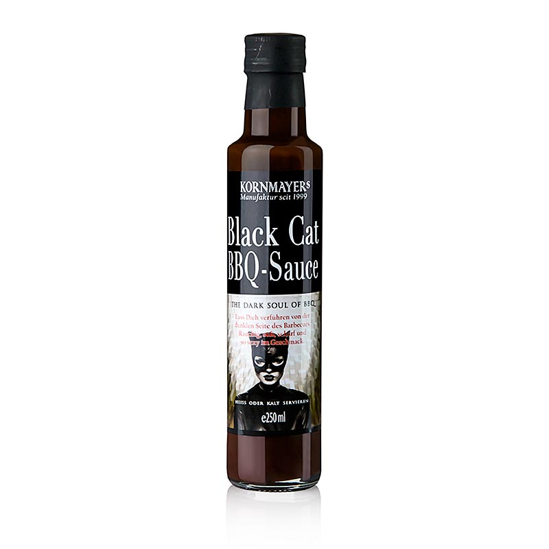 Kornmayer - Black Cat BBQ-Grillsauce, 250 ml : Sauce BBQ sombre et fumée avec un arôme piquant de chili, vainqueur du test du Tagesspiegel, mélange parfaitement adapté d'arômes, fumé, doux, piquant et tellement sexy en goût, côté sombre séduisant du barbecue