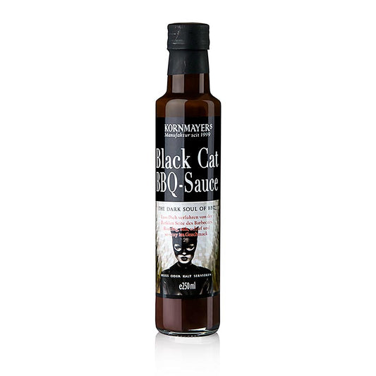Kornmayer - Black Cat BBQ-Grillsauce, 250 ml : Sauce BBQ sombre et fumée avec un arôme piquant de chili, vainqueur du test du Tagesspiegel, mélange parfaitement adapté d'arômes, fumé, doux, piquant et tellement sexy en goût, côté sombre séduisant du barbecue