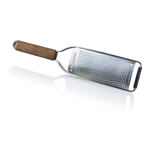 Râpe fine avec manche en bois et cadre robuste en acier inoxydable, pour zester les agrumes, râper le fromage, les épices, le chocolat, l'ail, le gingembre, les truffes, les noix et le raifort Housse de protection réutilisable incluse et non lavable au lave-vaisselle Dimensions : 30,4 cm x 6,3 cm x 1,8 cm