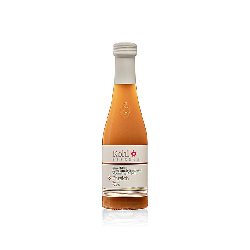 ESSENCE Jus de pomme de montagne + pêche, 200 ml - Goût vif, doux et velouté avec des arômes tropicaux et de fruits à noyau, recommandé avec les fromages affinés, les viandes grillées et les desserts cuits au four à une température de service de 8 à 12°C