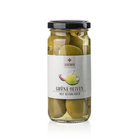 Olives vertes farcies à l'ail épicé en saumure, ANEMOS, 227 g - complément parfait des entrées méditerranéennes