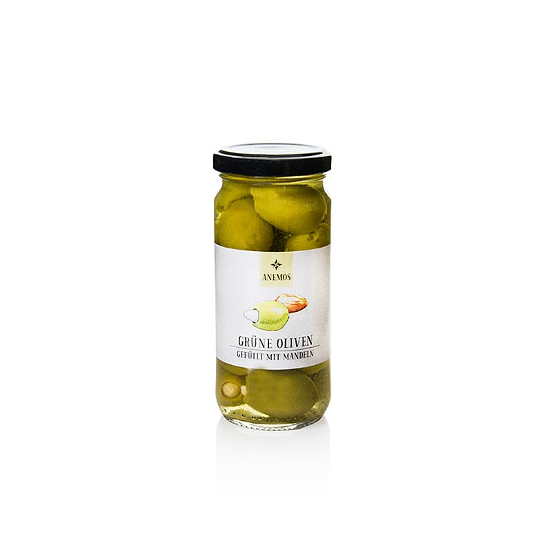 Olives vertes dénoyautées aux amandes ANEMOS, 227 g - Olives vertes croquantes à l'arôme doux et fruité, fourrées aux amandes noisettes, parfaites pour les entrées méditerranéennes, les salades ou tout simplement à déguster seules