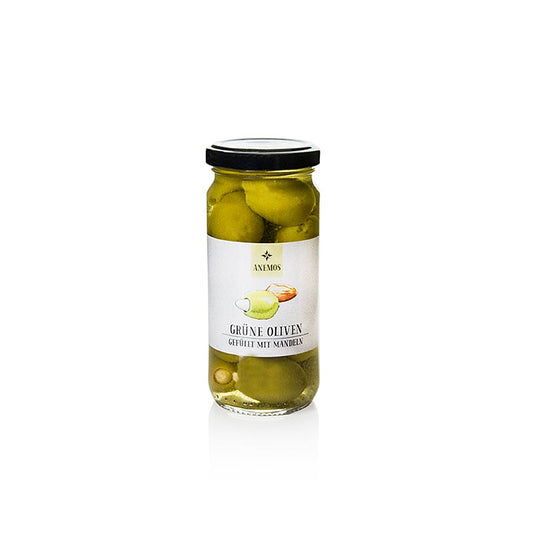 Olives vertes dénoyautées aux amandes ANEMOS, 227 g - Olives vertes croquantes à l'arôme doux et fruité, fourrées aux amandes noisettes, parfaites pour les entrées méditerranéennes, les salades ou tout simplement à déguster seules