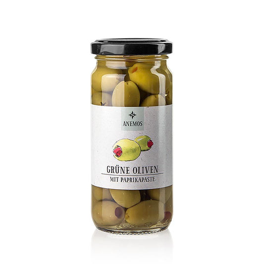 Olives vertes dénoyautées, fourrées à l'arôme fruité et doux de paprika, ANEMOS, 227 g - parfaites pour les entrées méditerranéennes, les salades ou à déguster telles quelles