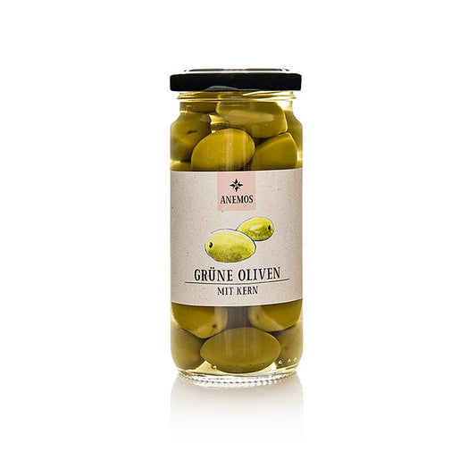 Olives vertes dénoyautées en saumure, ANEMOS, 227 g - Des olives de qualité, soigneusement sélectionnées, présentées dans un bocal pratique Idéales à l'apéritif, dans les salades ou pour les tapas Une authentique expérience gustative méditerranéenne