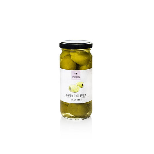 Olives vertes dénoyautées en saumure ANEMOS, 227 g - Des olives croquantes, fruitées et douces, parfaites pour les entrées méditerranéennes, les salades et bien plus encore.