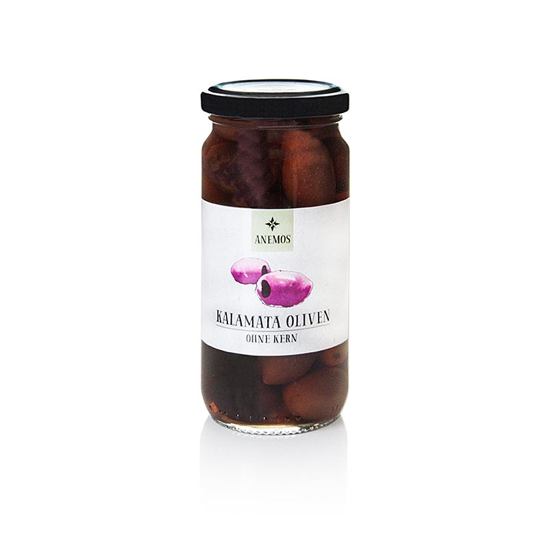 Olives noires dénoyautées, olives Kalamata, en saumure, ANEMOS, 227 g