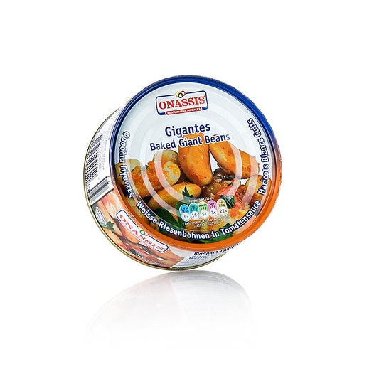 Haricots blancs géants à la sauce tomate, plat national grec traditionnel, utilisable de multiples façons dans les salades ou consommé chaud, herbes aromatiques finement dosées