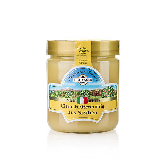 Breitsamer Honig Mediterraner Sommer, Citrusblüte aus Sizilien, 500 g - Spécialité de miel tendre et crémeux des fleurs blanches des citronniers de Sicile au goût aromatique, fruité et suave