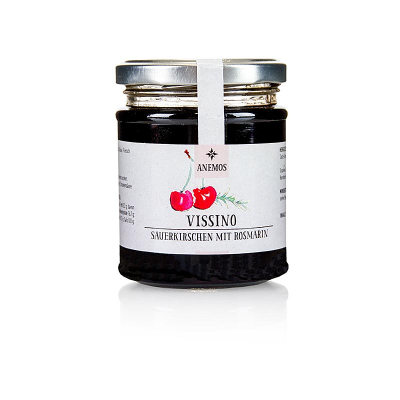 Cerises acides douces en conserve Vissino au miel et au romarin, ANEMOS, 265 g - idéal comme pâte à tartiner ou confiture