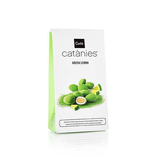 Image de Catanies - citron vert : Amandes espagnoles enrobées de chocolat au citron, 80 g, fabriquées à la main et d'excellente qualité par Bombons Cudié, une entreprise familiale qui a plus de 60 ans de passion pour le chocolat.