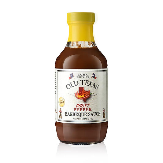 Bouteille de Old Texas - Ghost Pepper BBQ Sauce, 455 ml, l'un des piments les plus forts du monde, le Bhut-Jolokia, également connu sous le nom de chili fantôme, avec une purée de tomates fruitée, des herbes et des épices, accompagné d'un agréable arôme de fumée, sauce BBQ parfaite pour les grillades, les plats de viande et les sauces à salade