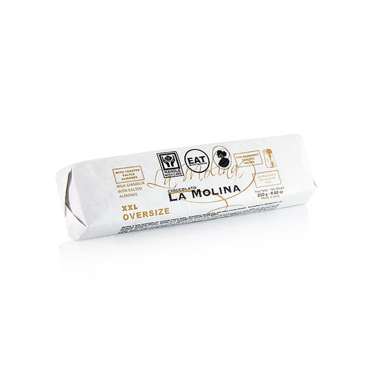 Gros bloc de gianduja fondant au caramel et au lait avec des noisettes et des amandes grillées et salées de La Molina, 250 g