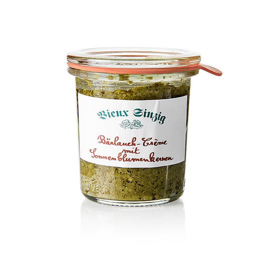 Crème à l'ail des ours, à base d'ail des ours de l'Eifel à la mode du Vieux Sinzig, 100 g - crème artisanale de Jean Marie Dumaine pour affiner les sauces, tartiner et tremper, livrée dans un joli bocal à couvercle transparent.
