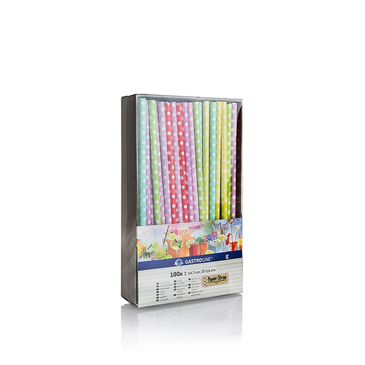 Paille en papier jetable Points, 6 couleurs, 19,7cm, 100 pcs - Paille en papier écologique et biodégradable avec revêtement de cire biologique Idéal pour les boissons froides jusqu'à environ 24 °C, convient pour les aliments et neutre au goût