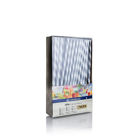 Pailles en papier jetables, bandes, argent-blanc, 19,7cm, 100 pcs - Pailles en papier écologiques, durables et biodégradables pour boissons froides Stable jusqu'à 60 minutes grâce à un revêtement de cire biologique, convient aux aliments et neutre au goût Résiste à une température d'environ 24 °C