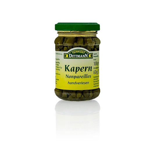 Câpres Nonpareilles, ø 4-7mm, Dittmann, 100 g - Boutons de fleurs marinés de la Méditerranée, épicés et amers, idéaux pour accompagner mayonnaises, salades et sauces froides.
