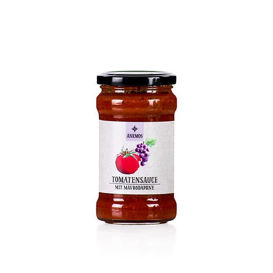 Sauce pour pâtes à la tomate et au mavrodaphne, 280 g - Une délicieuse combinaison de tomates mûries au soleil et de mavrodaphne doux, le vin doux grec traditionnel à base de raisins sombres et aromatiques.