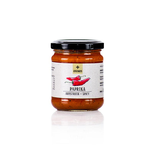 ANEMOS Tapenade de poivrons rouges (piquante), 200 g - Pâte à tartiner piquante aux poivrons/tomates sans additifs, idéale pour accompagner viandes, poissons, légumes, grillades, sandwichs, bruschettas, haricots ou omelettes Convient aux végétariens, peut contenir des traces de noix Conserver au réfrigérateur après ouverture