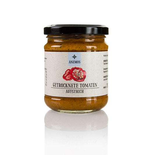 Tapenade de tomates séchées d'ANEMOS, fabriquée à partir de tomates gorgées de soleil, idéale pour tartiner sur du pain ou pour agrémenter des plats, sans additifs ni conservateurs artificiels.