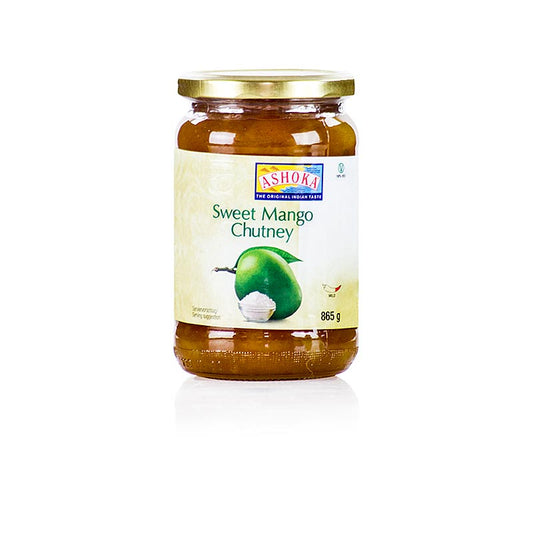 865 g de chutney de mangue, délice sucré d'Ashoka, parfait pour donner une nouvelle saveur à vos plats, fait partie d'un assortiment de sauces, soupes et fonds délicieux