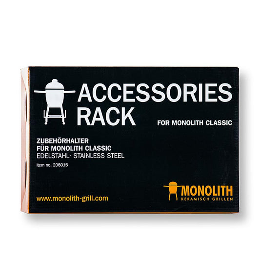 Porte-accessoires en acier inoxydable pour les barbecues Monolith avec espace de rangement et possibilités de stockage Rangement facile des grilles de cuisson, des pierres de déflecteur, de la grille en fonte et du support pour wok Possibilité de rabattre les tables latérales avec le porte-accessoires monté