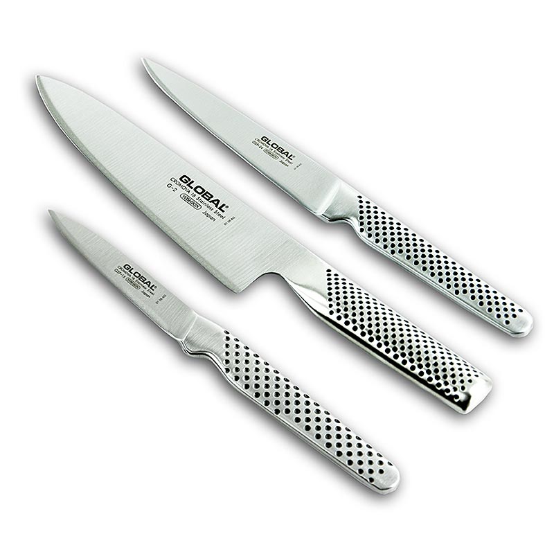 Set de couteaux Global G-21524 de haute qualité avec trois couteaux indispensables en acier au chrome-vanadium Conçu pour une précision et un confort optimaux dans le travail en cuisine Achetez le set de couteaux maintenant en Suisse