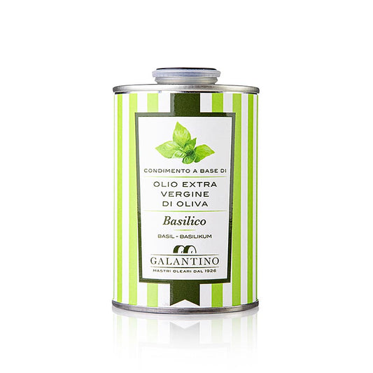250 ml d'huile d'olive extra vierge Galantino aromatisée au basilic, idéale pour les vinaigrettes et les marinades, une combinaison parfaite de vinaigre et d'huile d'olive, un plaisir naturel de la nature