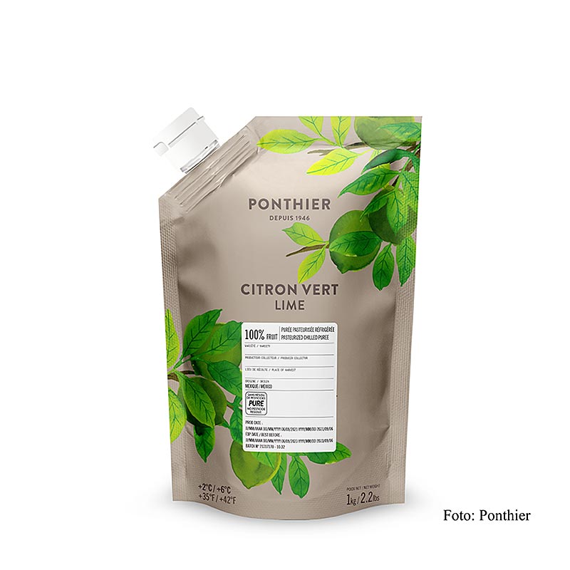 Purée de fruits citron vert de Ponthier, 100% fruits, non sucrée, 1 kg - couleur intense et goût authentique, indispensable pour la haute cuisine, parfaite pour les tartes, pâtisseries, desserts ou glaces !