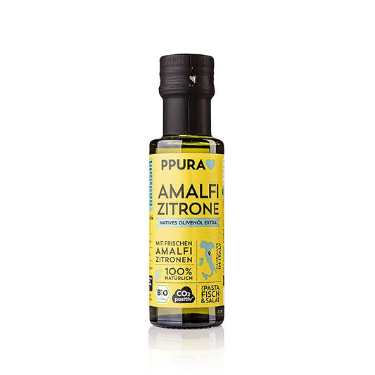 Huile d'olive extra vierge avec jus de citron frais d'Amalfi, BIO, 100 ml - Huile d'olive d'Ombrie, pressée avec des citrons de la côte amalfitaine, pour un goût riche et varié