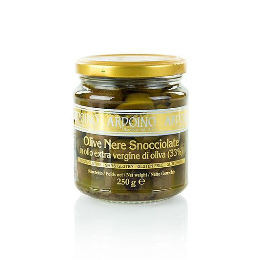 Olives noires dénoyautées de Ligurie conservées dans de l'huile d'olive extra vierge, idéales pour les antipasti et les salades