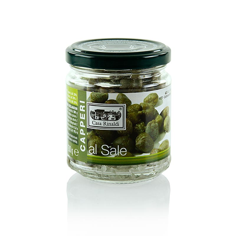 Câpres marinées au sel de Casa Rinaldi, 130 g - idéales pour accompagner les mayonnaises, les salades et les sauces froides, épicées-amères, légèrement amères et un peu piquantes, conservées dans du sel pour les mélanges d'épices plus secs