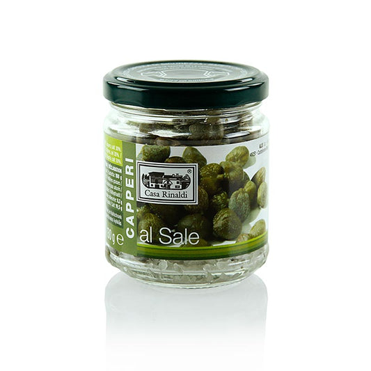 Câpres marinées au sel de Casa Rinaldi, 130 g - idéales pour accompagner les mayonnaises, les salades et les sauces froides, épicées-amères, légèrement amères et un peu piquantes, conservées dans du sel pour les mélanges d'épices plus secs