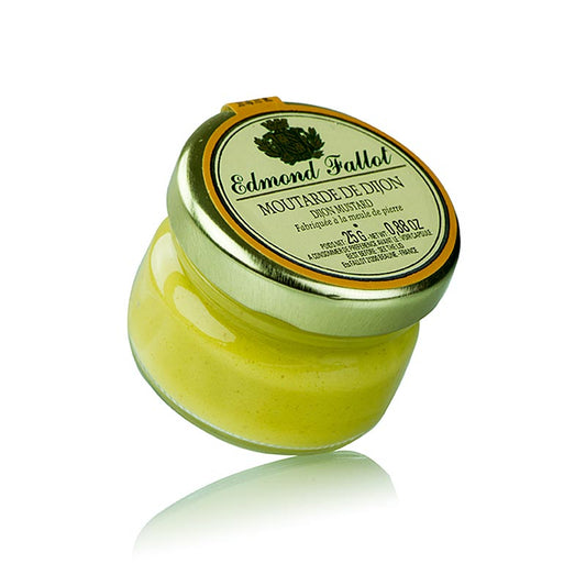 Un pot de 25 g de moutarde fine et forte de Dijon Fallot, idéale pour assaisonner les rôtis, les poêlées, les vinaigrettes, les grillades ou les saucisses à rôtir.