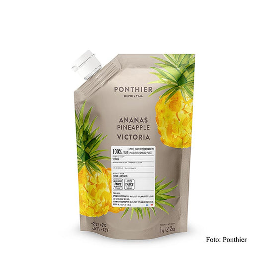 Purée - Ananas variété Victoria, 100% fruit, non sucré, 1 kg - Purée Ponthier de haute qualité à base de fruits d'ananas mûrs, sans sucre ajouté, texture veloutée, idéale pour toute la famille et délicieuse en combinaison avec d'autres produits à base de fruits, purées, légumes et pousses.
