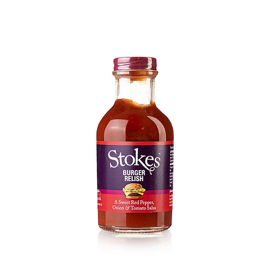 Une bouteille de 265 ml de Stokes Burger Relish, avec Red Pepper & Tomato Salsa, parfaite pour donner un coup de fouet à vos burgers préférés.