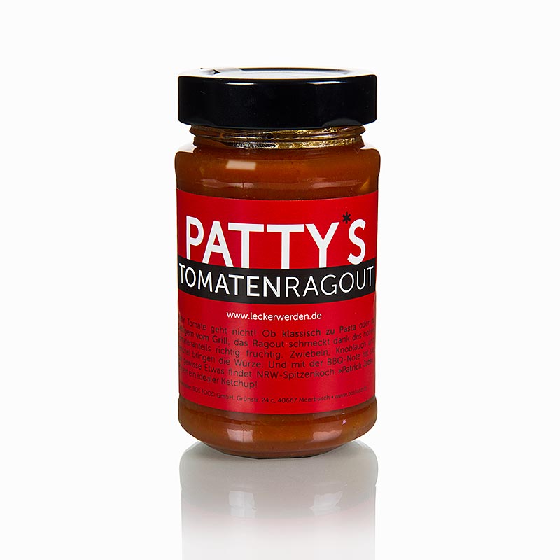 Patty's Tomatenragout, créé par Patrick Jabs, 225 ml - ragoût fruité à la tomate, aux oignons, à l'ail et au fenouil, idéal comme ketchup ou pour accompagner les pâtes et les viandes grillées