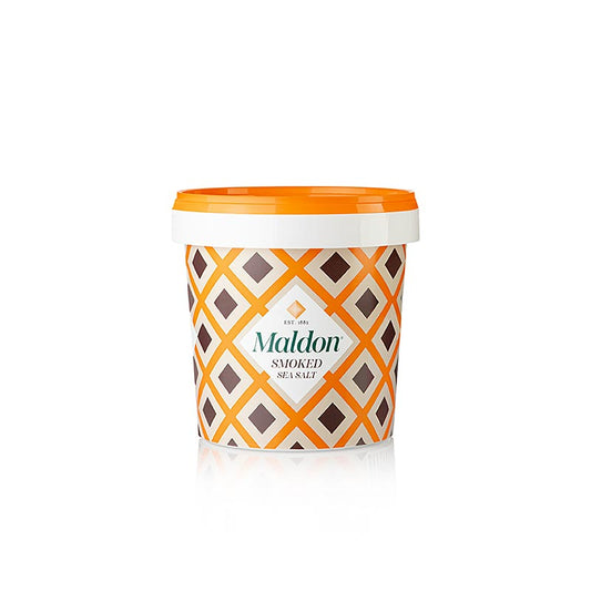 Maldon Sea Salt Flakes, fumé, Angleterre, 500 g - Cristaux de sel pyramidaux très fins, plus doux et plus savoureux que le sel normal, sans antiagglomérant, purs oligo-éléments d'eau de mer, transformés et distribués par la Maldon Sea Salt Company depuis 1882, quantité limitée seulement