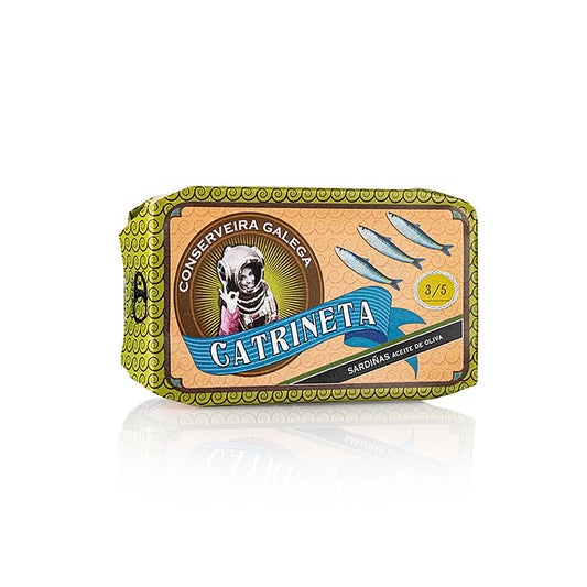 Sardines entières à l'huile d'olive, 3-5 pièces, Catrineta, 115 g - Sardines fraîchement pêchées à l'huile d'olive artisanale de Galice, emballées avec soin par Catrineta