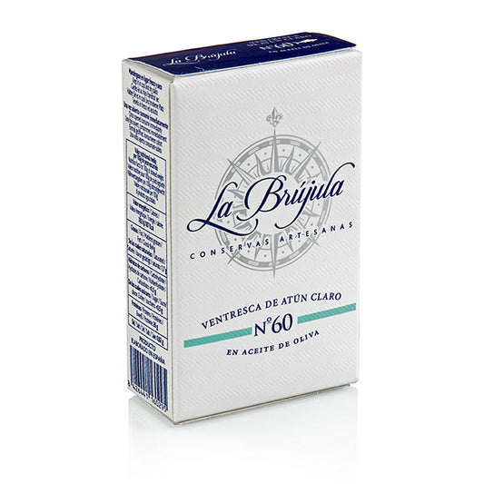 Ventresca - Ventre de thon yellowfin, La Brújula, 110 g mariné dans l'huile d'olive, arôme tendre et juteux, idéal pour les salades, les tapas ou avec Flor de Sal et poivre