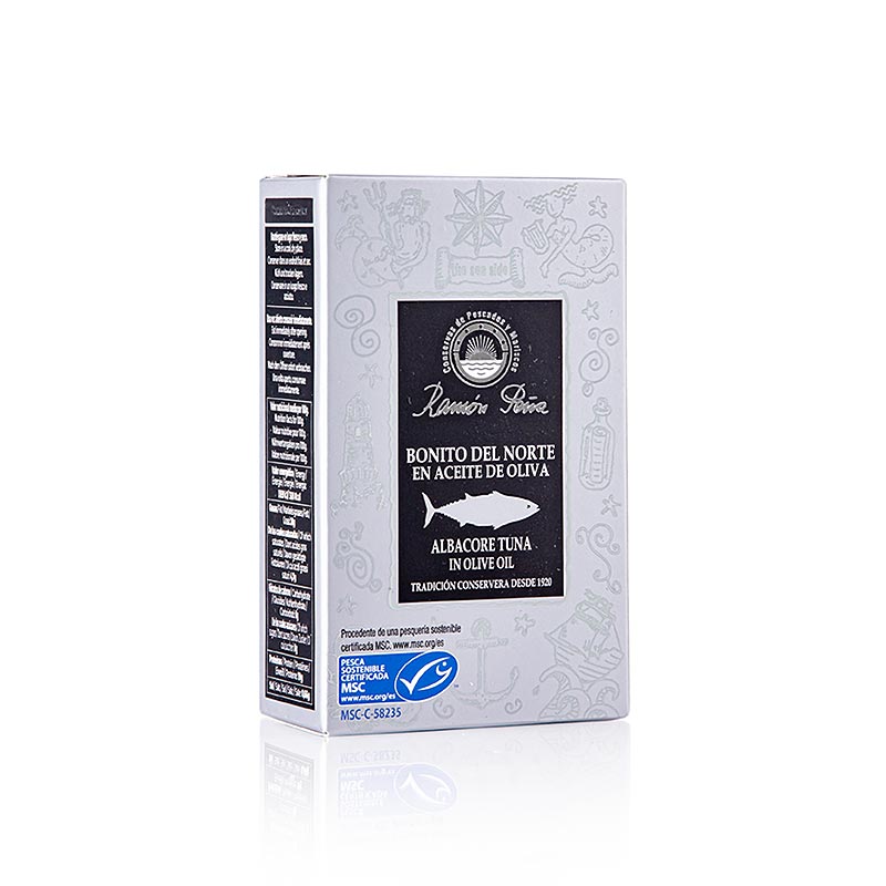 Thon - Bonito del Norte à l'huile d'olive, RAMON PEÑA GOLD, 115 g : Thon espagnol Bonito del Norte à l'huile d'olive de qualité supérieure, préparé de manière artisanale, parfait pour les tapas, les salades et les plats raffinés, emballé dans un luxueux bocal en verre de 115 grammes.