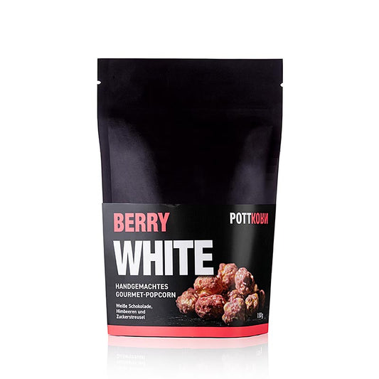 Savoureux Pottkorn - Berry White, 150 g, pop-corn au chocolat blanc, framboises et vermicelles en sucre multicolores, une combinaison sensuelle de notes fruitées de framboise et de chocolat belge sucré, un plaisir comme sur un nuage rose
