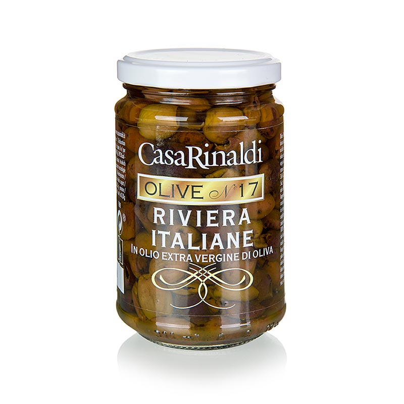 Olives noires à l'huile d'olive de Casa Rinaldi marinées avec une feuille de laurier, idéales pour les salades amères et encore fermes, 280 g