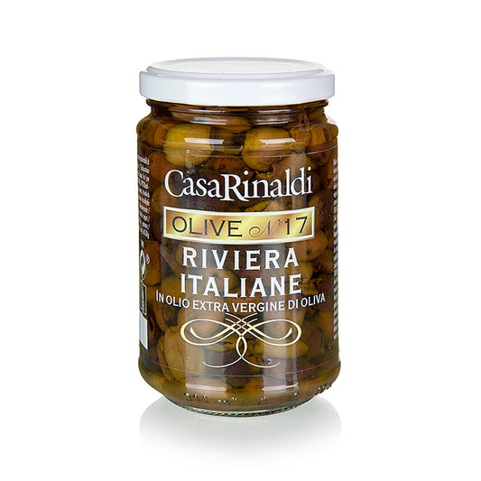 Olives noires à l'huile d'olive de Casa Rinaldi marinées avec une feuille de laurier, idéales pour les salades amères et encore fermes, 280 g