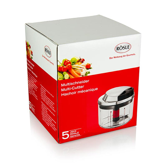 Multicoupe en plastique et acier inoxydable, avec traction manuelle, capacité de 600 ml Coupe sans effort les fruits, les légumes et les herbes en morceaux petits à moyens Bol transparent incassable avec sécurité antidérapante Deux lames mobiles pour une répartition uniforme et un résultat de coupe optimal Couvercle fonctionnel avec boîtier en acier inoxydable et poignée en plastique à tirer Dimensions : 12,0 cm x 13,0 cm Poids : 0,58 kg