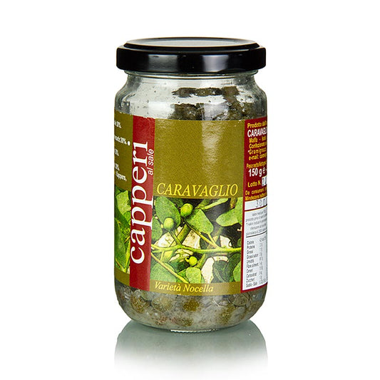 Câpres, petites, ø 7-8mm, au sel marin, Caravaglio, 150 g - Boutons de fleurs de câprier de la Méditerranée marinés dans l'eau, le vinaigre de vin et le sel de cuisine, épicé-amer, légèrement amer et un peu piquant, idéal comme garniture de mayonnaises, salades et sauces froides, caractéristique de la cuisine méditerranéenne